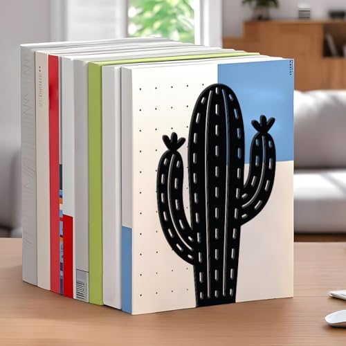 WADORN Cactus Metal Bookends for Shelves Decorative 1 Pair, Cactus Plant Heavy Duty Books End Support Non-Skid Book Holder Black L-Shaped Book Stopper for Home Office Desk Book Divider, 4.7x3.5x7 Inch - color: Cactus