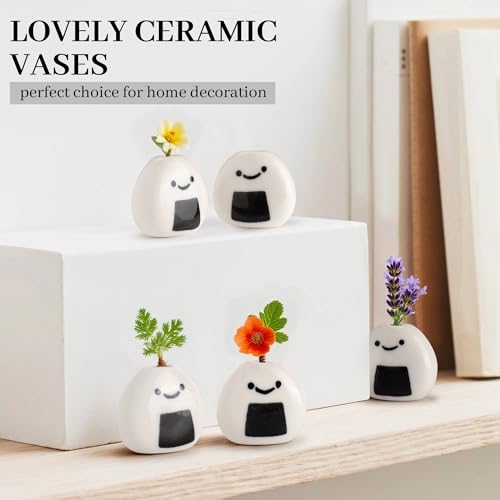 Mini Ceramic Bud Vases, Cute Small Tiny Flower Vases for Home Decor, Wedding Party, Birthday Gift (Ceramic Japanese Rice Ball-5 Pack)