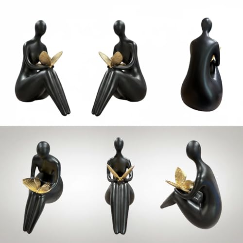 Lescafita Black Abstract Sitting Figurine with Gold Butterfly – Modern Resin Sculpture for Shelf, Desk, Living Room & Office Decor, Minimalist Shelf Sitter Statue for Home Decoration - color: B2