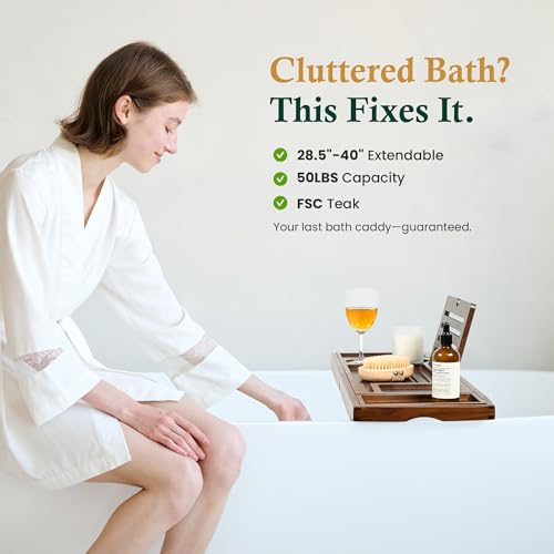 Teak Bathtub Tray, Bath Caddy with Wine Glass Holder, Phone Dock & Book Stand | Hands-Free Reading & Ultimate Spa Relaxation Experience-Brown - color: Classic Brown Teak