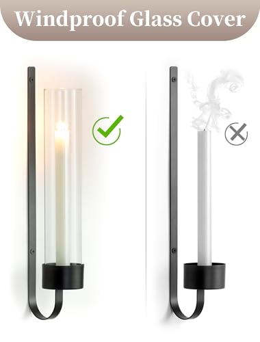 Sziqiqi Black Wall Candle Holders: Metal Candle Sconces for Taper Set of 2 Modern Wall Mounted Candlestick Holder with Hurricane Glass for Living Dining Room Bedroom Bathroom Outdoor