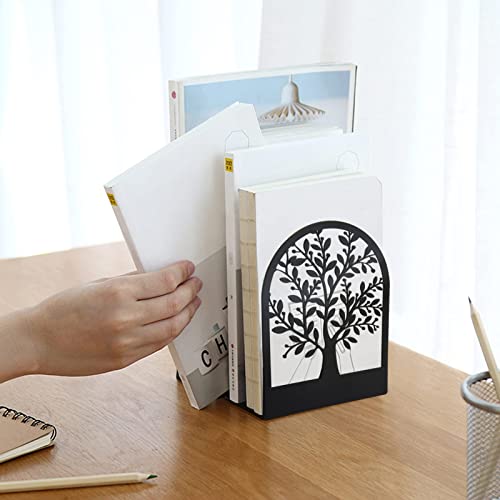 Book Ends, Metal Bookend, Tree of Life Bookend for Shelves, Home Decorative Bookends for Heavy Books, Black Non-Skid Book Stopper, 7 x 5.5 x 3.5 inch (1 Pair)