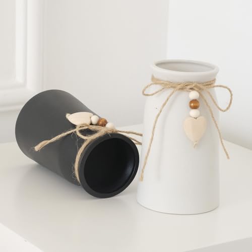 Charming 6-Inch Ceramic Vase | Jute Rope & Heart Charm Vase for Bohemian Farmhouse & Boho Décor, White Color - color: White