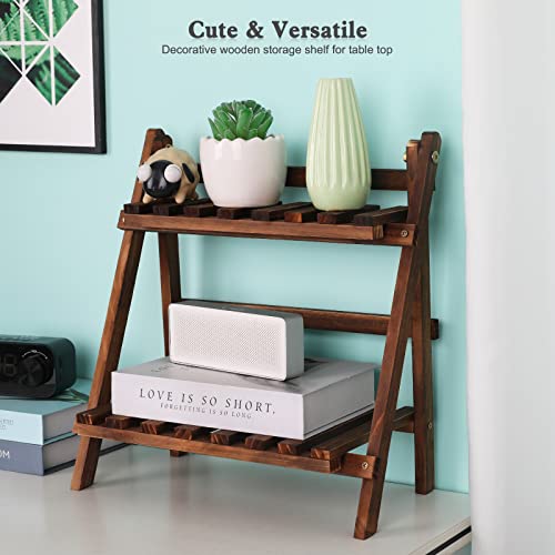 Jotsport 2 Tier Tabletop Plant Stand Step Style Desktop Storage Organizer Wood Display Shelf Decorative Storage Rack, Foldable Small Plant Shelf - color: Carbonized