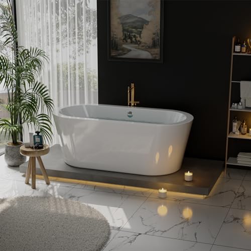 Empava 59"Freestanding Bathtub, Luxury Acrylic Soaking Tub with Drain and Overflow, Modern Stand Alone Design, Glossy White,cUPC Certified