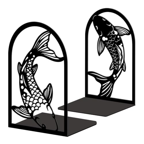 Peacoblue Metal Bookends for Shelves, Modern Decorative Heavy Duty Study Book Ends Stoppers for Office, Desk, Shelf, Room 5.3"x4.3"x7.9" Cast Iron Simple Bookends 1 Pair (Black and White Koi Fish) - style: Black and White Koi Fish