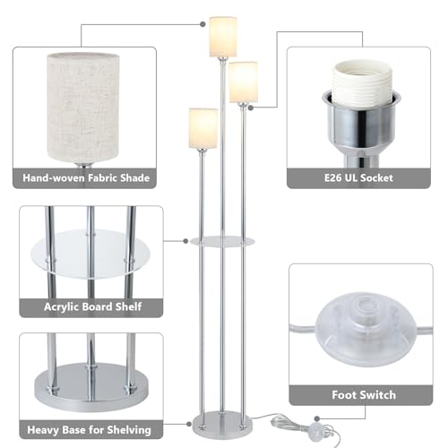 Floor Lamps for Living Room, 3-Lights Modern Floor Lamp with Shelves, Chrome Standing Lamp with Fabric Shade and Foot Switch, Shelf Standing Lamps with Table, Tall Lamps for Bedroom Office - style: Chrome-Fabric Shade