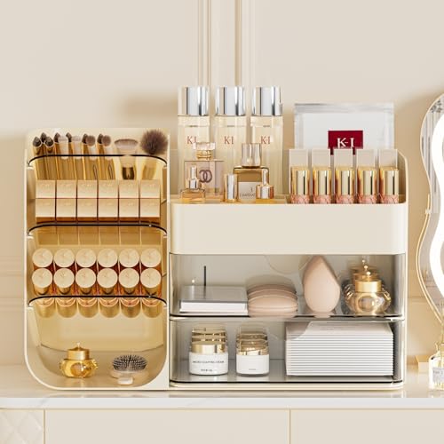 Booklov Makeup Organizer for Vanity, Countertop Cosmetic Display Case with Clear Acrylic Drawers, Bathroom Counter Beauty Caddy, Cute Table Storage Holder for Skincare, Brush Lipsticks, Crystal Creem - color: Crystal Cream, size: M01