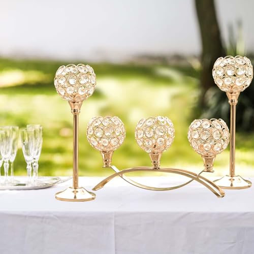 Crystal Tealight Candle Holder Centerpiece Home Decorative Candlestick Holder Elegant Table Centerpiece Home Decor Wedding Party Anniversary (Gold, Set of 3) - color: Gold, size: 3 Pieces