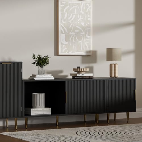 Housoul Combined Modern TV Stand for 55/60/65 inch TV, Small Fluted Entertainment Center with Adjustable Shelf, TV Media Stand with Storage Cabinet, TV Console for Living Room, Bedroom, Black - color: Black, size: 55" L