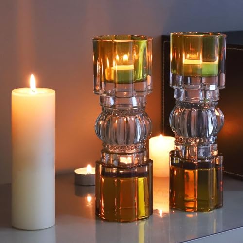 VOHO Amber Votive Candle Holders for Fall Decor, Set of 2 Vintage Tealight Candle Holder for Coffee Table Mantle, Tall Votive Holder Jazzy Glass Mix for Centerpiece(7.87x2.75 in W/H, Shades of Amber) - color: Shades of Amber