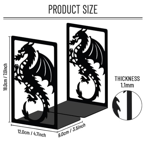 WADORN Creative Dragon Metal Bookends for Shelves Decorative 1 Pair, Heavy Duty Books End Support Non-Skid Book Holder Black L-Shaped Book Stopper for Home Office Desk Book Divider, 4.7x3.5x7 Inch - color: Dragon