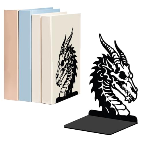 WADORN 1 Pair Fantasy Dragon Decorative Bookends, Gothic Dragon Bone Heavy Duty Metal Book Stands Black Novelty Non-Skid Book Stopper for Library Home Office Dorm Reading Room, 5.3x4.3x7.9 Inch - color: Fantasy Dragon Head