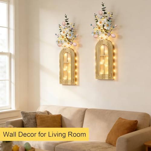 HOMECOR Easter Wall Decor Set of 2 - Boho & Modern Farmhouse Hanging Wooden Vase with Fairy Lights & Artificial Plants, Spring Wall Art for Living Room, Bedroom, Bathroom, Mothers Day Home Decor Gift - style: Flower - Easter Wall Decor