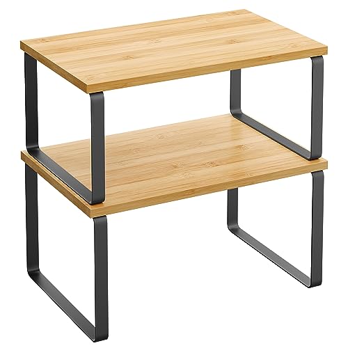 SONGMICS Cabinet Organizer Shelf, Set of 2 Kitchen Counter Shelves, Kitchen Storage, Spice Rack, Stackable, Expandable, Metal and Engineered Wood, Ink Black and Natural Beige UKCS02NB - color: Ink Black + Natural Beige, size: 11.7"W