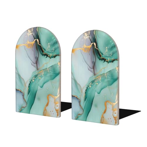 Decorative Bookends 2 Pcs Mint Green Golden Marble Print Wood Bookends for Shelves Heavy Books Kids Non-Skid Book Ends Stoppers for Office Desk Kitchen School - color: Mint Green Golden Marble Print
