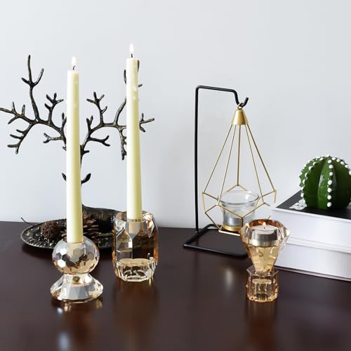 Amber Crystal Candle Holder, Set of 3 Crystal Clear Candlestick Stand for Pillar Taper Tealight Candle,Party, Wedding and Christmas Candle Holder Decoration - color: Champagne