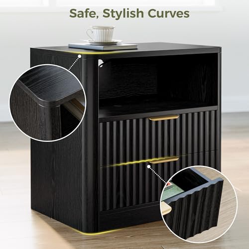 IRONCK Fluted Night Stand, Modern Nightstand with Charging Station, Drawers and Open Shelves - Bedside Table Wood Side Table for Bedroom, Black - color: Black