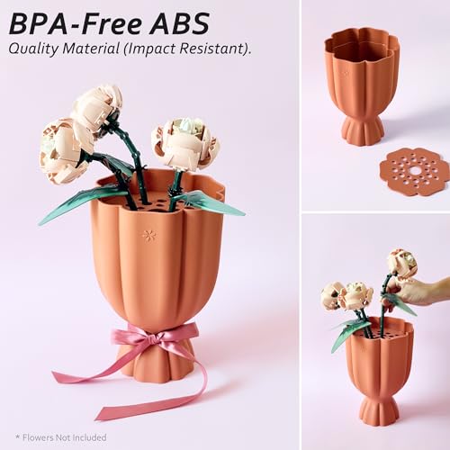 Bouquet Vase for Lego & Crafted Flowers - Flower Arrangement Vase with Floral Grid & Ribbons, Impact Resistant, BPA-Free ABS Plastic, Home Decor Gift for Lego & Flower Lovers (Terracotta Orange)