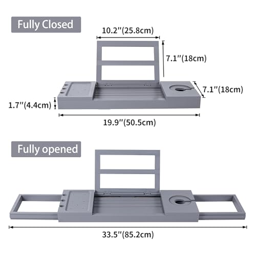 Utoplike Bathtub Tray Caddy Bamboo, Grey Bath Table for Tub Adjustable, Bathroom Organizer with Book Tablet Wine Glass Cup Towel Holder - color: 19.8-33.5 in Grey