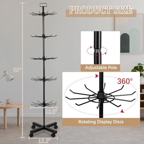 5-Tier Metal Spinning Display Stand Rack with Wheels, Black Iron, 50 Hooks, Lockable Wheels, Ideal for Jewelry, Accessories, Foods - color: Black