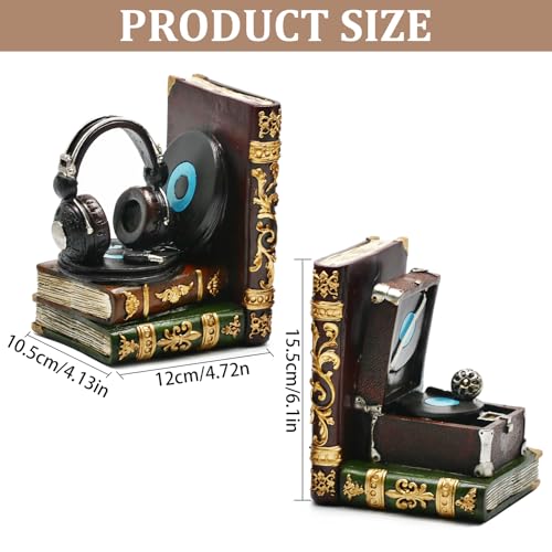Vintage Bookends Decorative Headphone Record Player Book Ends Unique Music Lovers Book Stopper Heavy Duty Bookends for Desk,Shelves,Home Office Decor,Vintage Gifts