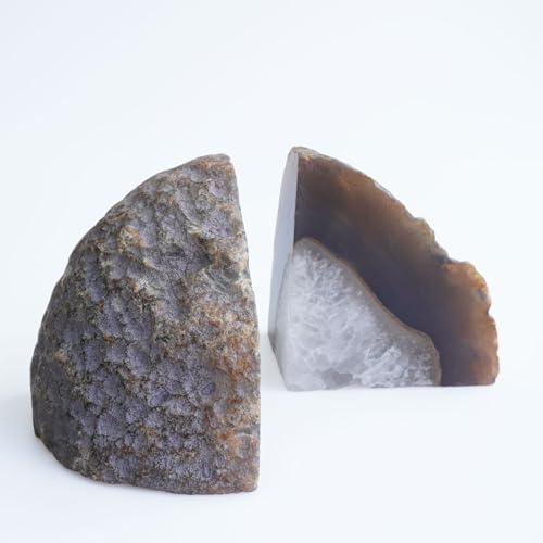Natural Agate Geode Bookends - 3 to 4 lb Heavy Duty Rock Crystal Stone Book Ends for Shelves, with Rubber Bumpers, Decorative Book Holders for Home Office - color: Natural, size: 3-4 Lbs