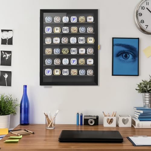 Championship Ring Display Case, 36 Ring Posts Sports Ring Display Case Wooden Shadow Box for Baseball Basketball Football Softball Award Rings Fan Souvenirs