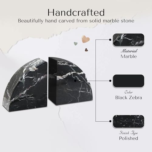 Modern Wedge Shaped Marble Bookends – Hand Carved, Polished Stone Bookends w/Non Slip Rubber Pads – Lightweight & Compact Decorative Bookends - Versatile, Luxury Book Organizer for Shelf & More - color: Black Zebra