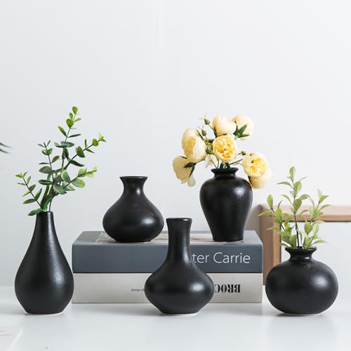 Small Ceramic Vase Set of 5, Black Bud Vase with Boho Decorative Design for Fireplace, Entryway & Living Room Centerpiece - color: D-blacksmall Vase Set of 5