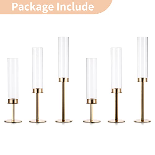 Nuptio Glass Hurricane Candle Holder: Set of 6 Gold Candlestick Holders - Long Stem Taper Candleholders for Christmas Tabletop Centerpiece Fireplace Decor Cylinder Candle Stand Windproof 14" 16" 18" - size: 14 & 16 & 18 in