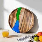 Handmade Wood Serving Tray with Resin Design, Decorative Acacia Wood Tray for Snacks, Drinks, Coffee Table, Kitchen, Home Decor & Organization, Wooden Serving Platter for Party