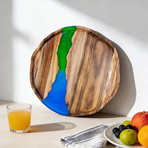 Handmade Wood Serving Tray with Resin Design, Decorative Acacia Wood Tray for Snacks, Drinks, Coffee Table, Kitchen, Home Decor & Organization, Wooden Serving Platter for Party