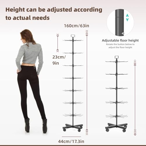 Retail Display Racks 7 Tier Spinning Display Stand, Movable Shop Spinner Rack with Hooks, Retail Display Stand for Jewelry Keyring Hats Socks Toys (Black) - color: Black, style: 7 Tier