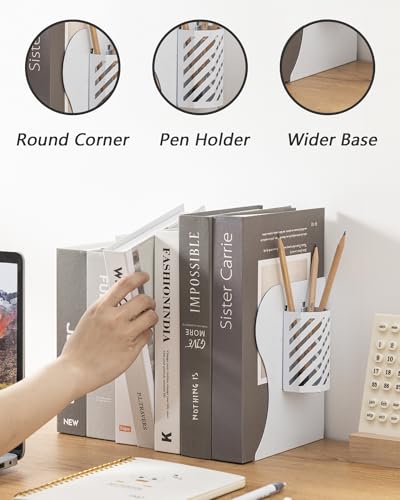 Kingsmile Book Ends, Adjustable Bookends for Shelves, Metal Bookends for Heavy Books, Book Stopper Organzier with Pen Holder for Desk, Kids Room, Office, Classroom, Library, Study Room.(White) - color: White