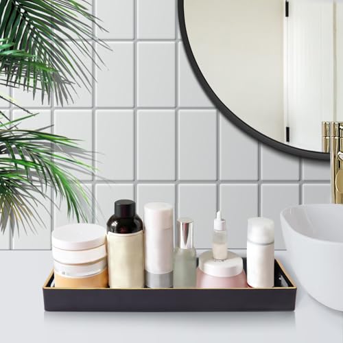 MAONAME Black Bathroom Tray, Plastic Vanity Tray, Narrow Countertop Trays with Handles, Perfume Organizer Trays for Dresser, Bathroom Accessories, 13.8" x 6" x 1.59" - color: Black