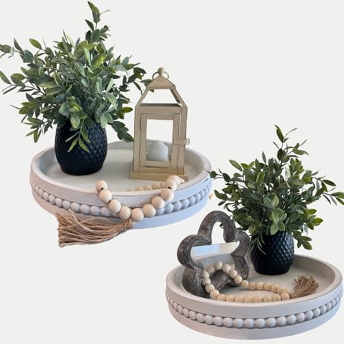 Tasse Verre White Beaded Decorative Tray Set (2-Pack) - 11.5 inch & 13 Inch - Round Rustic Decor Wooden Serving, Distressed Farmhouse Design Centerpiece for Coffee Table, Ottoman, Kitchen & Home