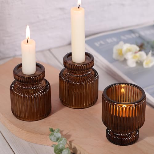 DARJEN 6 Pcs Amber Candlestick Holders - Glass Taper Candle Holders Tealight Votive Candle Holders for Table Centerpieces, Wedding, Dinner Party, Home, Gifts - color: Amber, size: 6Pcs