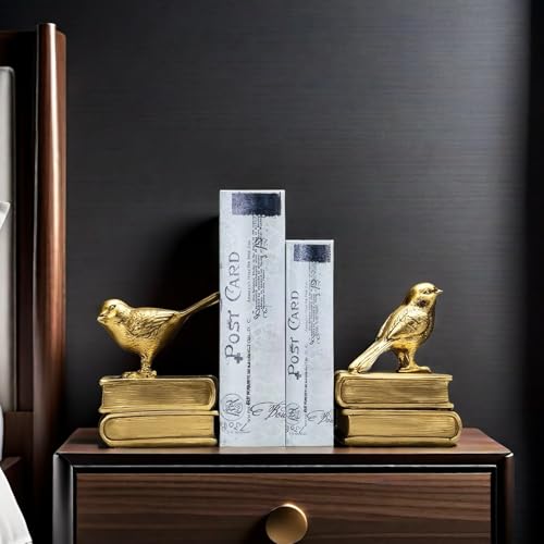 Home Decorative Gold Birds & Books Vintage Design Resin Bookshelf Bookends,Paper Weights, Book Ends,Bookend Supports, Book Stoppers, Set of 2