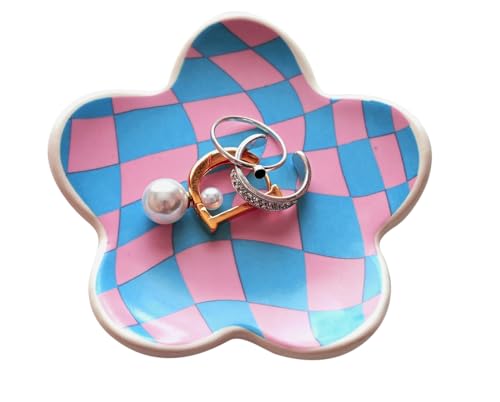 Teen Girls Gifts Trendy Stuff Preppy Room Decor Bedroom Decor Aesthetic Dorm Decor Aesthetic Stuff Checkered Jewelry Tray - style: Blue and Pink Wavy Checkered