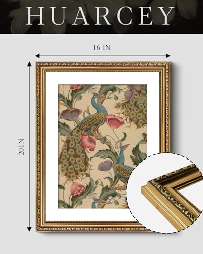 Golden Framed Canvas Wall Art Vintage Peacock, Classic Vine With Poppies Floral Canvas Print Wall Decor, Bird Art Print Wall Hanging 16x20 inch, for Bedroom Bathroom Living Room Decor - color: Peacock, size: 20"L x 16"W