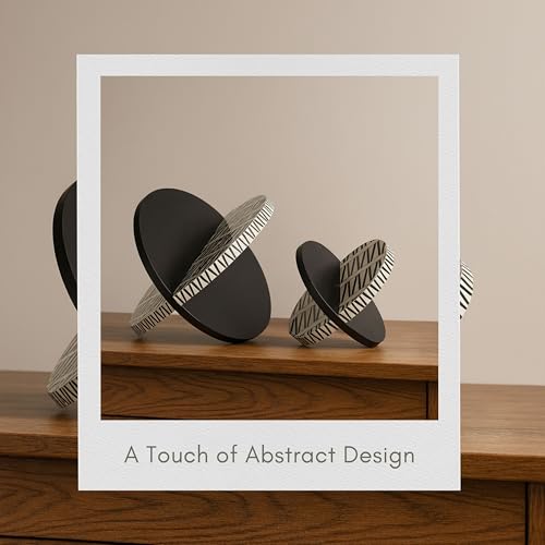 Set of 2 Gobiel Resin Orbs – Wood & Resin Decorative Object with Interlocking Geometric Design – Modern Home Decor for Office, Bedroom & Living Room – 7" & 10", Black & White