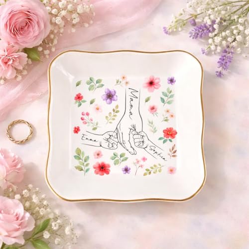 Pofily Personalized Ring Dish for Mom, Custom Jewelry Dish Holder, Ceramic Ring Holder Tray with Gold Trim, Mothers Day Gift for Mom, New Mom Gift, Engagement Gift for Her - color: Design 04