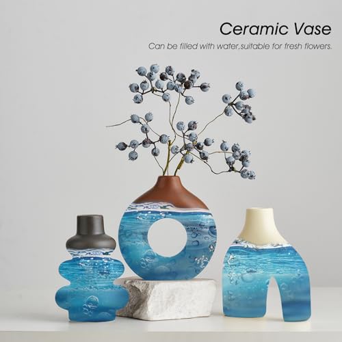 Modern Ceramic Decorative Vase Set of 3 – Minimalist Sculptural Vases for Living Room, Shelf & Table Decor, Nordic Donut Vase Set for Contemporary Home Decor (Cream Matte and Brown) - color: Cream Matte and Brown