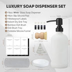 Kitchen Soap Dispenser Set with Instant Dry Tray,16 Oz Hand and Dish Soap White Glass Dispenser Set,Stainless Steel Pump,Waterproof Labels,Dish Brush,Luxury Soap Bottle for Kitchen,Bathroom - color: White Bottle+black Pump