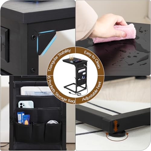AMHANCIBLE C Shaped End Table with Charging Station, TV Tray Set of 2, Couch Tables with Storage Bag, Slide Under Sofa Side Table with USB Ports and Outlets for Living Room, Black, HET04CBK - color: Black
