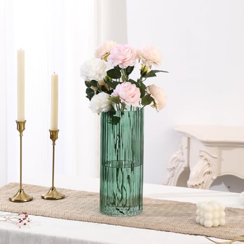 Green Glass Vase, Glass Flower Vase, Ribbed Glass Vase, Green Vase, Tall Cylinder Glass Vases for Centerpieces, Living Room, Bedroom, Dining Table, Office, Wedding, Bookshelf, 12 Inches - color: Green, size: 12''