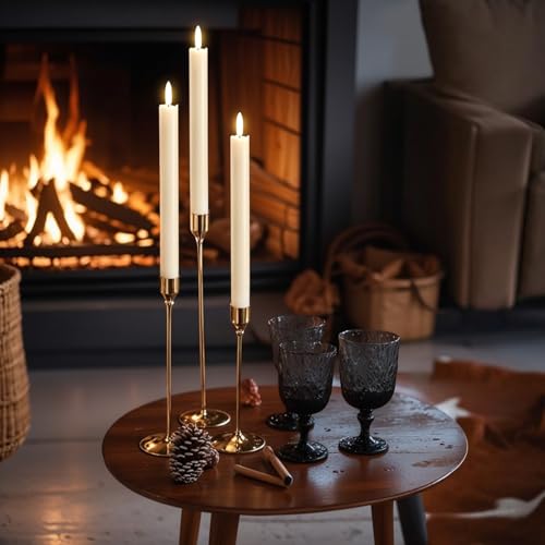 GenSwin Flameless Ivory Taper Candles Flickering with 10-Key Remote, Battery Operated Led Warm 3D Wick Light Window Candles Real Wax Pack of 3, Christmas Home Wedding Decor(0.78 X 9.64 Inch) - color: 3-Ivory