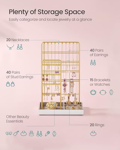 SONGMICS Necklace Holder, Jewelry Stand Holder Organizer, Jewelry Display with Metal Frame, Velvet Tray, Earring Bracelet Holder, for Gift Idea, 5.5 x 9.4 x 14.1 inch, Pale Gold UJJS028A01 - color: Pale Gold, size: 5.5"D x 9.4"W x 14.1"H
