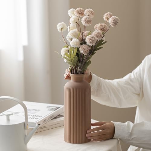 Coffee Ribbed Ceramic Vase for Flowers, Large Modern Textured Decorative Vase, 10 Inch Tall, Farmhouse Style Home Decor (Coffee) - color: Coffee